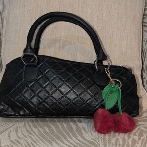 Black Quilted Thermal Lined Tote  with Cherry Key Charm. Wine Bag